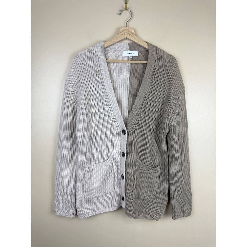 John + Jenn Women’s Chunky Knit Cardigan M Cream & Brown Minimalist Preppy